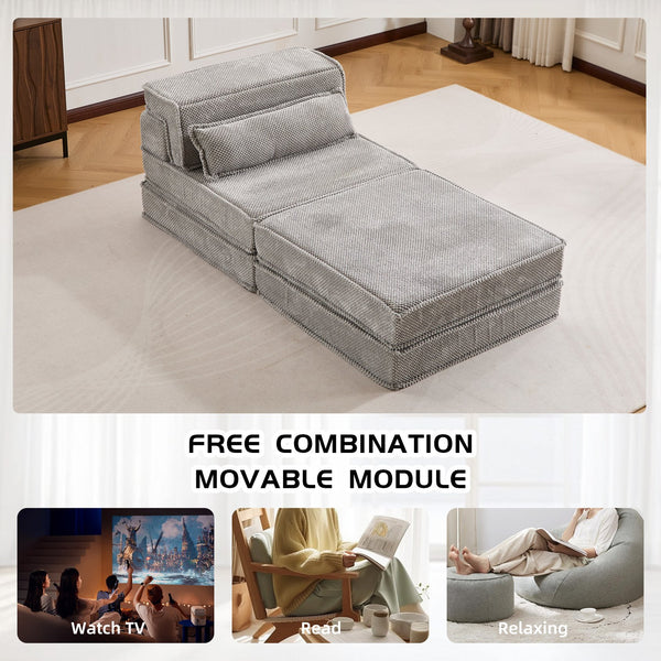 English Elm Compression Modular Floor Sofa Bed – Versatile Diy Seating, Plush Fleece, Pillow & Ottoman Included! W3723S00044