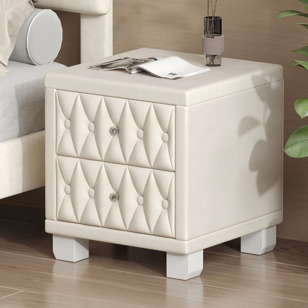 English Elm Elegant Velvet Upholstered Nightstand with Crystal Knobs Tufted Glam Bedside Storage Beige N733P210398A