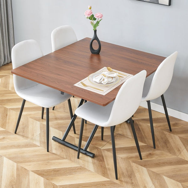 English Elm Table And Chair Set - Modern Adjustable Walnut Lift Table With 4 Soft Linen Dining Chairs, Stylish & Versatile W1151S03774-GIGA