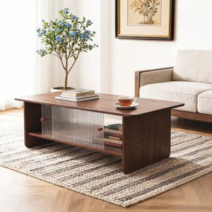 English Elm 47"rectangular Coffee Table Fluted Glass Sliding Doors Retro Wood Grain Living Room Storage Brown W3935P408518