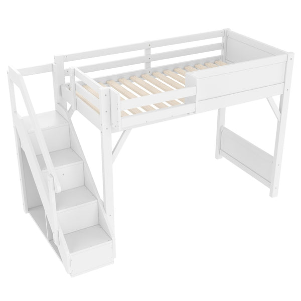 English Elm Twin Low Loft Bed Solid Pine Frame Kids Study Desk Blackboard Storage White Light White W1580S00466