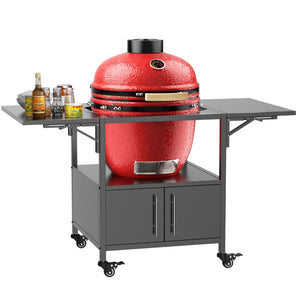 English Elm Outdoor Metal Kamado Grill Cart with Folding Prep Panels and Bottom Storage Compartment W3190P305785