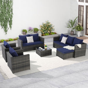 English Elm 6 Piece Outdoor Modular Sectional with Pe Wicker Cushioned Seating and Tempered Glass Table Dark Blue W874S00061