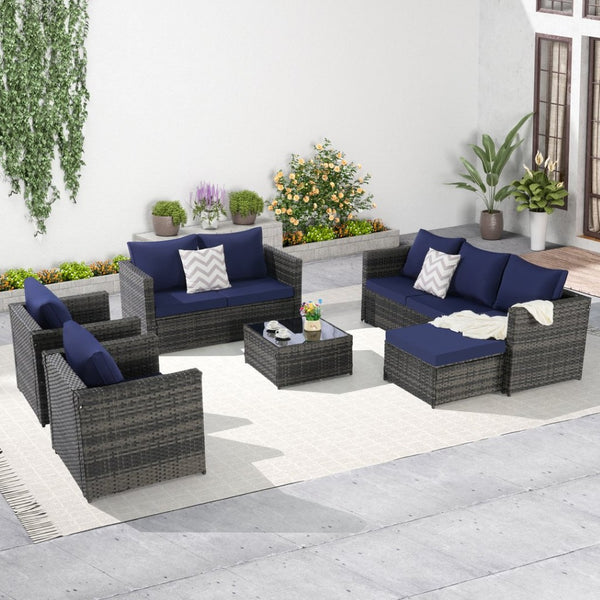 English Elm 6 Piece Outdoor Modular Sectional with Pe Wicker Cushioned Seating and Tempered Glass Table Dark Blue W874S00061
