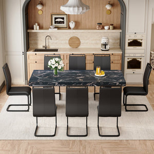 English Elm Table and Chair Set 9 Piece Black Marble Mdf Dining with 8 Pu Leather Seats W1151S03924