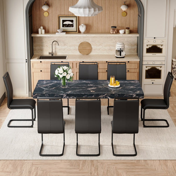 English Elm Table and Chair Set 9 Piece Black Marble Mdf Dining with 8 Pu Leather Seats W1151S03924