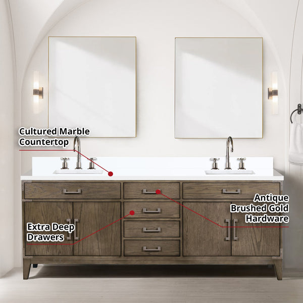 English Elm Grey Oak Double Bath Vanity With Cultured Marble Top, Chrome Faucet, & 36" Mirrors - 84" W X 22" D B2731S01886