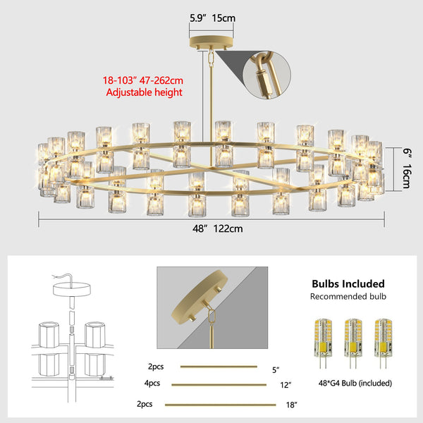 English Elm 48 Gold Wagon Wheel Chandelier with Crystal Shade, 48 G4 LED Lights, Warm 2700K, Hardwired Modern Farmhouse W2312P368695
