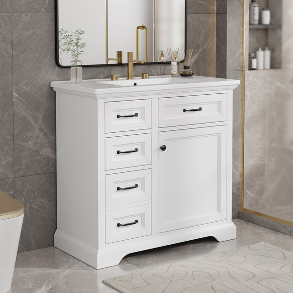 English Elm 36-Inch Modern Bathroom Vanity with Ceramic Basin, 4 Drawers & Soft-Close Door, Pre-Drilled Faucet Ready, Durable MDF and Solid Wood Construction (36"L x 18.3"W x 33.4"H) White N725P296118K