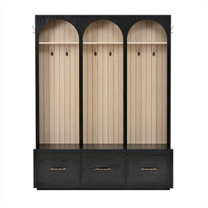 English Elm Hall Tree Entryway Organizer with Bench Drawers Hooks Arched Wood Grain Vintage Style Black N721P415881B