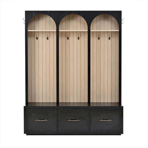 English Elm Hall Tree Entryway Organizer with Bench Drawers Hooks Arched Wood Grain Vintage Style Black N721P415881B