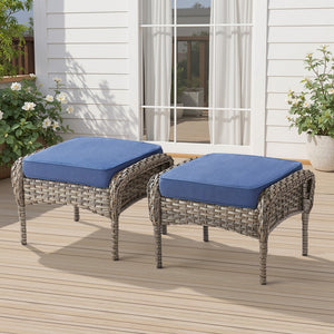 English Elm Outdoor Pe Wicker Patio Ottoman Set of 2 with Cushions for Deck or Backyard Blue T3773P418423