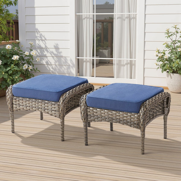 English Elm Outdoor Pe Wicker Patio Ottoman Set of 2 with Cushions for Deck or Backyard Blue T3773P418423