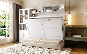 English Elm Full Size Murphy Wall Bed with Linen Sofa Integrated Shelving Usb Charging and Lighting LP000763AAK