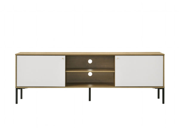 English Elm Tropea 58 Inch Open Shelf Media Console with Oak Finish and Cord Management B2749P413265