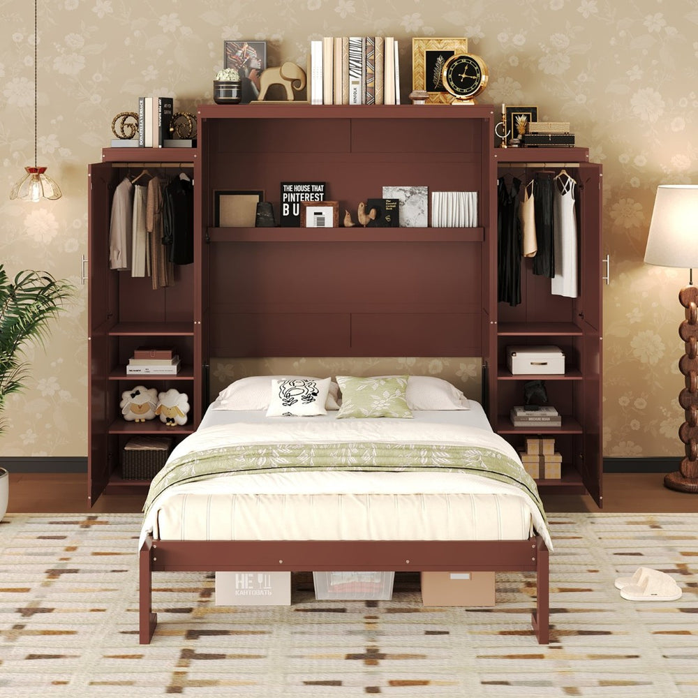 English Elm Queen Murphy Wall Bed Walnut Wooden Frame Dual Wardrobes Foldable Guest Room Storage N733S235627D