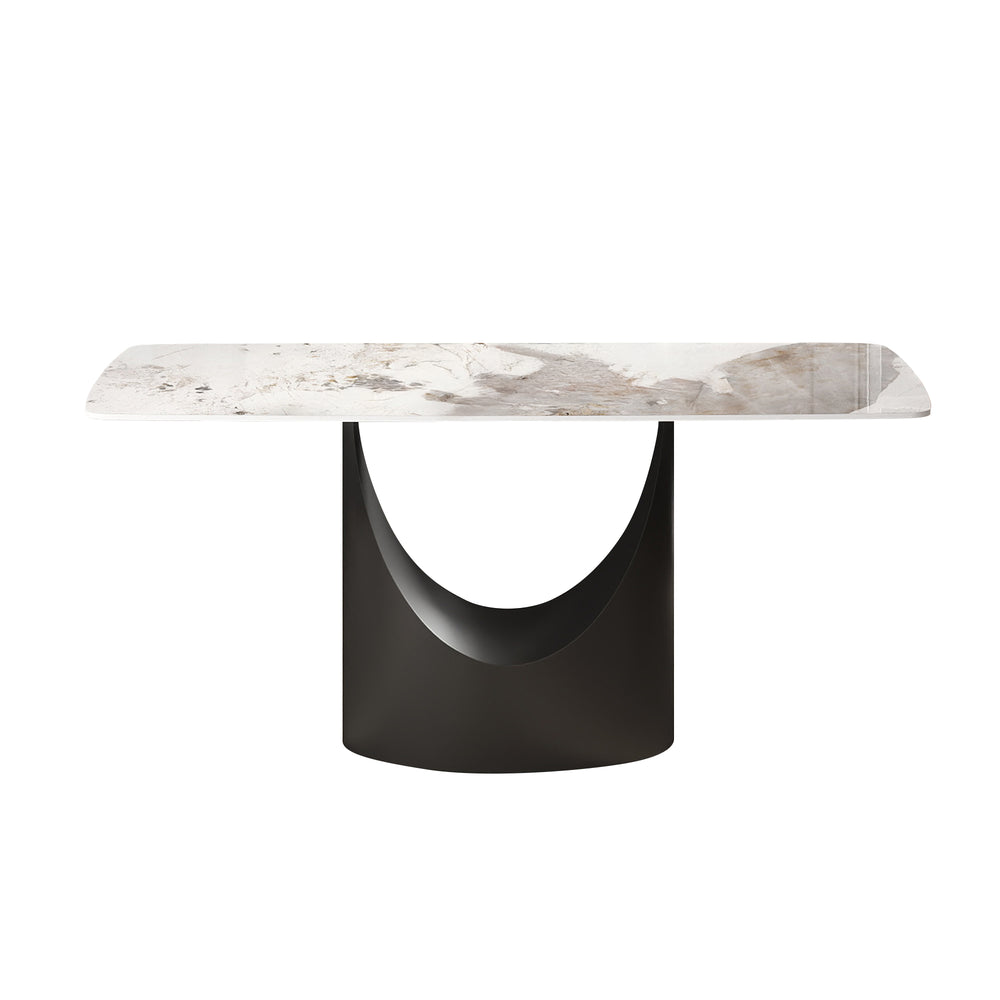 English Elm 63" Modern Artificial Stone Dining Table With Curved Design & Black Iron Legs - Seats 6-8 Comfortably W1535S00560