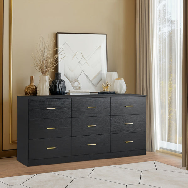 English Elm Modern 9-Drawer Black Dresser — Sleek 3-Column Chest, Waterproof Surface, Sturdy Engineered Board Storage W1785P324460