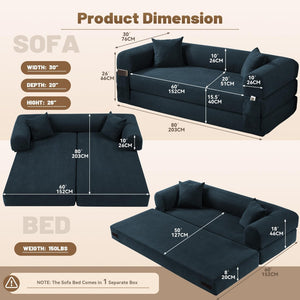 English Elm Convertible Corduroy Sleeper Sofa Queen Fold Out Bed with Dual Storage Pockets Navy Blue W3396P483181
