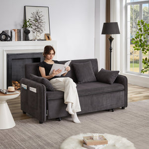 English Elm FX'' 66 Inch Sleeper Sofa Bed 3-in-1 Convertible Pullout Sofa with Plush Corduroy, 4 Pillows, Pockets DARK GREY W1926S00060