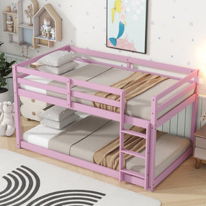English Elm Solid Rubberwood Twin Over Twin Floor Bunk Bed - Sturdy, Stylish Pink Design With Ladder & Slats W504P191672-GIGA
