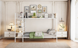 English Elm Twin Twin Over Full Metal Bunk Bed with 5-Tier Staircase Shelves, Space-Saving Storage & Wood Accents White SF000175AAK