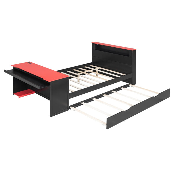 English Elm Full Size Wood Platform Daybed with Trundle Desk Rgb Led Lighting Gaming Bedroom Black+Red LT000284AAR