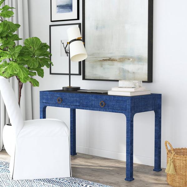 Butler Specialty Chatham Raffia 2-drawer Desk: Luxurious Hand-woven Elegance For Your Stylish Office Or Entryway Blue Saguran Raffia,Gmelina Arborea Wood,Mdf,Oak Veneer,Aluminum 9746361-butler