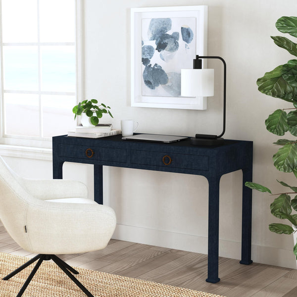 Butler Specialty Chatham Raffia 2-drawer Desk: Luxurious Hand-woven Elegance For Your Stylish Office Or Entryway Navy Blue Saguran Raffia,Gmelina Arborea Wood,Mdf,Oak Veneer,Aluminum 9746410-butler