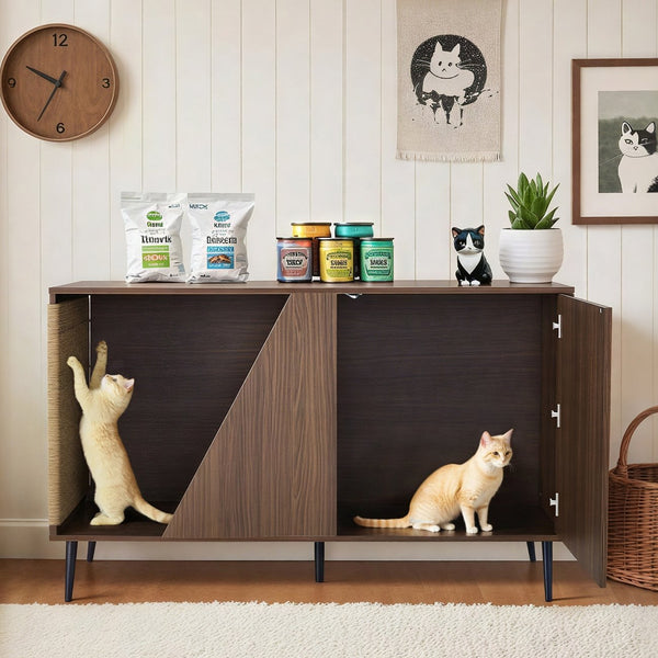 English Elm Cat Furniture Mid-Century Walnut 2‑in‑1 Litter Box Enclosure with Sisal Scratcher & Spring Door Storage N843P254861W