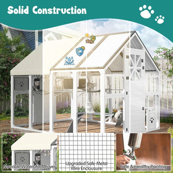 English Elm Large Walk-in Pine Wood Catio Enclosure with Platforms Resting Boxes and Planter Grey,White N704G201618K