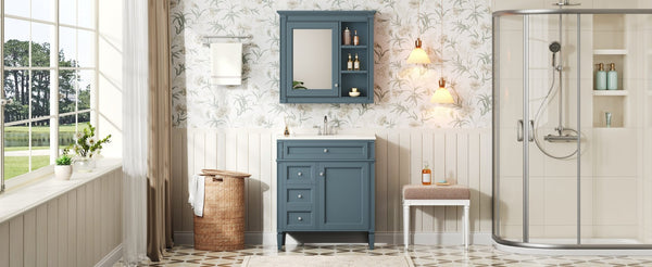 English Elm 30'' Freestanding Bathroom Vanity Set with Mirror Cabinet Ceramic Sink Soft Close SW000126AAM-1
