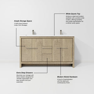 English Elm Rustic Acacia Double Bath Vanity 60" With White Quartz Top & 55" Mirror - Stylish Storage Solution! B2731S01391-GIGA