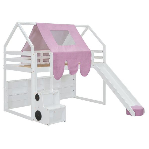 English Elm Twin House Loft Bed with Tent Canopy Slide and Shelves Pinewood Kids Frame White LT000682AAK