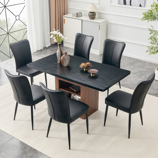 English Elm Expandable Dining Set with Six Pu Leather Chairs Dual Tone Modern Table W1151S04703