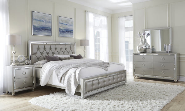 English Elm CHLOE Gemstone Silver Full Bed Frame with Mirror Trim, Detailed Stitching, Solid Wood Support Silver+Grey 60 L x 24.25 W x 6.88 H B201S00054