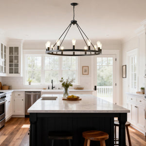 English Elm 39.4 Inch Wagon Wheel Chandelier 12-light Matte Black Farmhouse Pendant for Foyer Dining W5008P389282