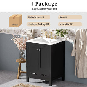 English Elm 24-inch Modern Bathroom Vanity with Ceramic Sink, Soft-Close Doors, Drawer Divider & Ample Storage Black N729P299440B