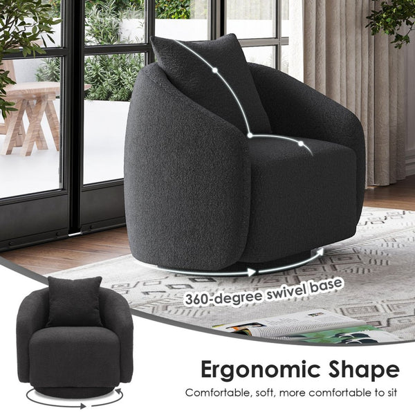 English Elm Swivel Barrel Armchair in Teddy Fabric with Lumbar Pillow and Solid Wood Legs Dark Gray T3623P430701