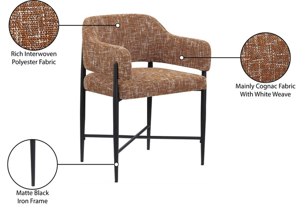 Meridian Furniture Dame Woven Polyester Dining Chair with Matte Black Iron Frame for Modern Interiors Style Cognac 974Cognac-C