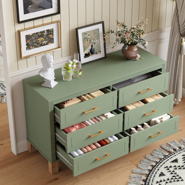 English Elm 6-drawer Double Dresser Solid Wood Legs Mid-century Modern Bedroom Storage Cabinet W1445S00010