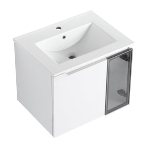 English Elm 24" Floating Bathroom Vanity Glossy White Plywood Cabinet Ceramic Sink Soft Close W999S00523
