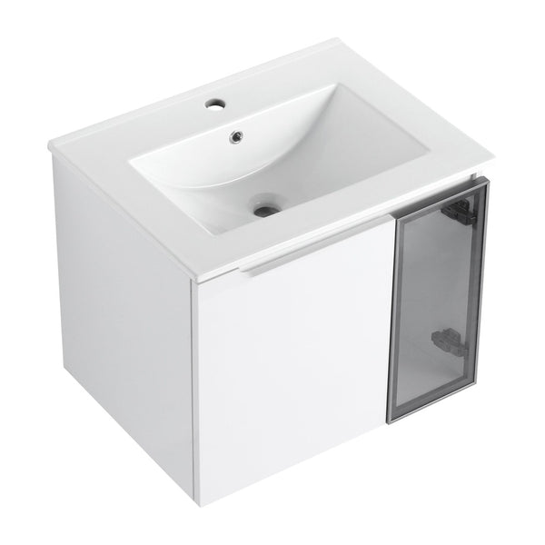 English Elm 24" Floating Bathroom Vanity Glossy White Plywood Cabinet Ceramic Sink Soft Close W999S00523