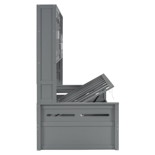 English Elm Twin Size Wooden Daybed With Hydraulic Lift & Integrated Storage Cabinet For Space-Saving Style N820S00046E-GIGA