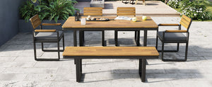English Elm 6-piece Outdoor Acacia Wood Patio Dining Set with Cushioned Chairs Bench Steel Frame Gray N704G201255E