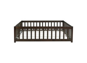 English Elm Queen Floor Bed with Safety Fence and Guardrails, Rubberwood Low Profile Platform for Kids Espresso W504P286390