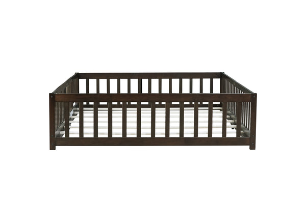 English Elm Queen Floor Bed with Safety Fence and Guardrails, Rubberwood Low Profile Platform for Kids Espresso W504P286390