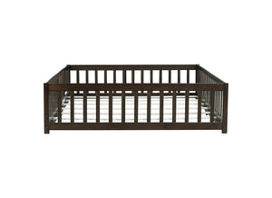 English Elm Queen Rubber Wood Floor Bed with Full Perimeter Safety Fence and Hinged Access Door Espresso W504P429342