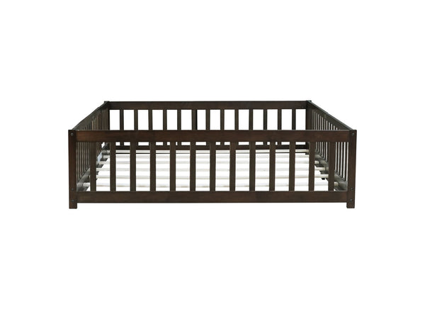 English Elm Queen Rubber Wood Floor Bed with Full Perimeter Safety Fence and Hinged Access Door Espresso W504P429342