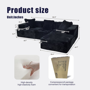 English Elm Compression Sectional Couch Plush Corduroy Chaise L-Shape Sleeper, Deep Seat Modular Sofa Black W3341P346292